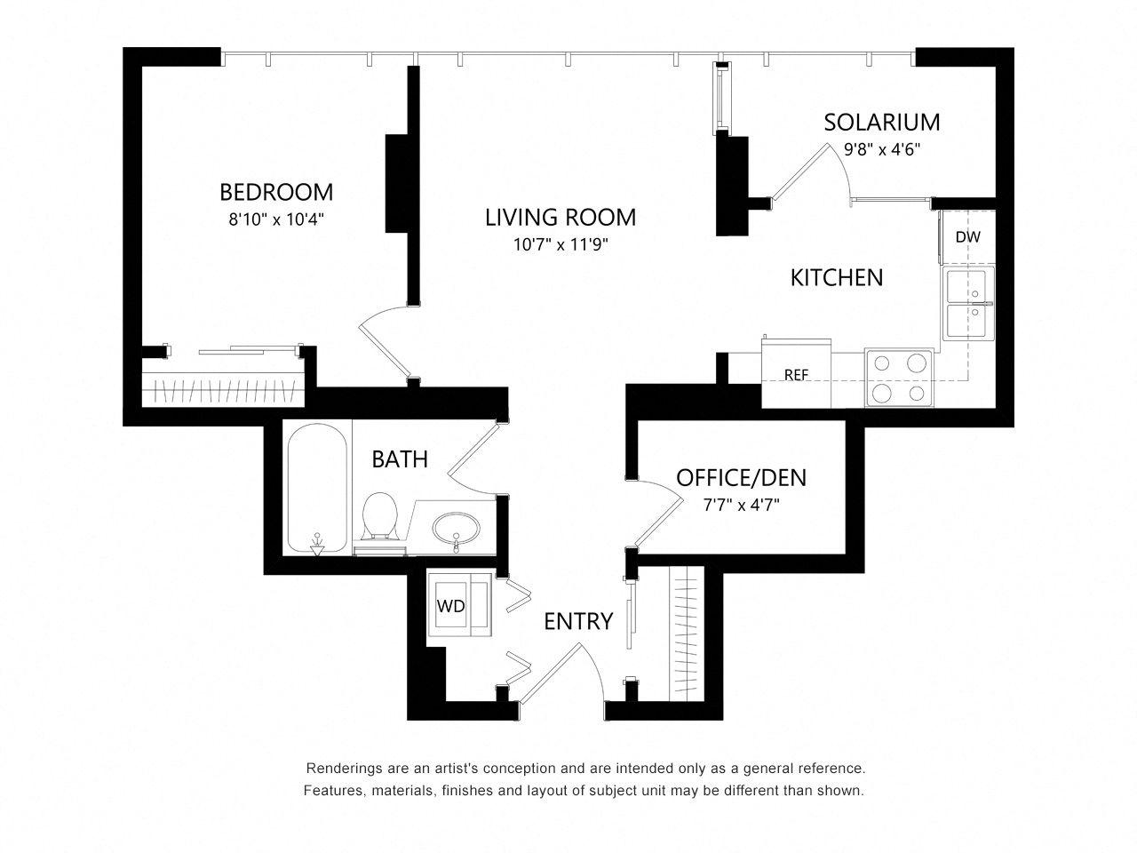 Floor plan for 1 bed, 1 bath, 595 sqft